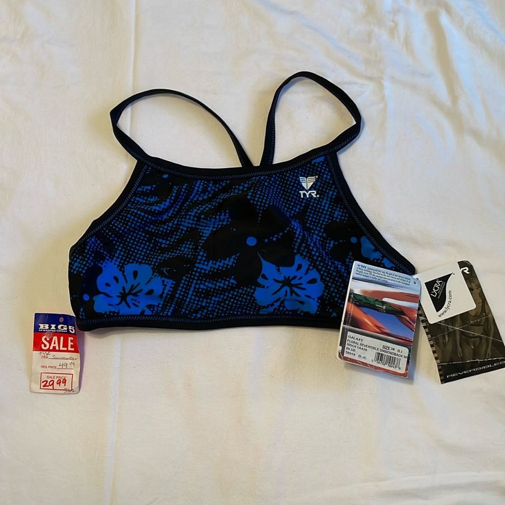 Women’s swim top, TYR, blue floral/black, 38/L, NWT. Bikini top